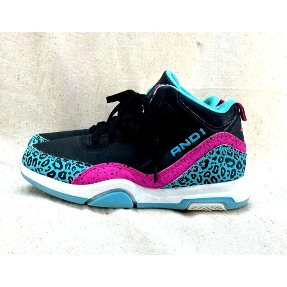 And1 Fierce Blue Pink Black Leopard High Top Basketball Shoe Kids Girls 4